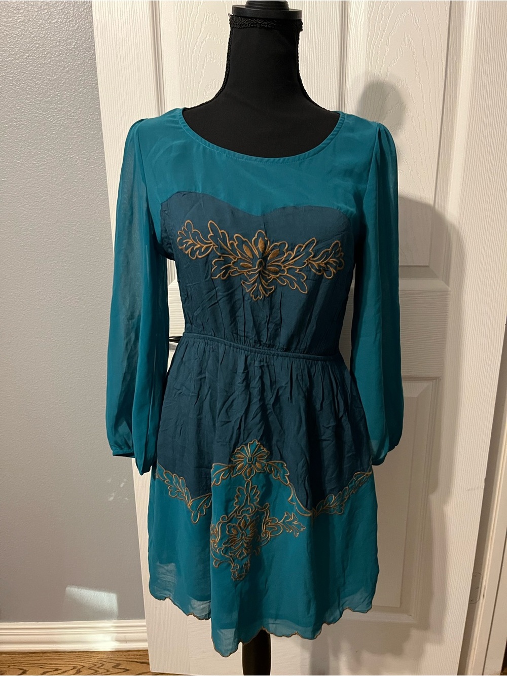 Flying Tomato Teal Long-Sleeve Embroidered Mini Dress